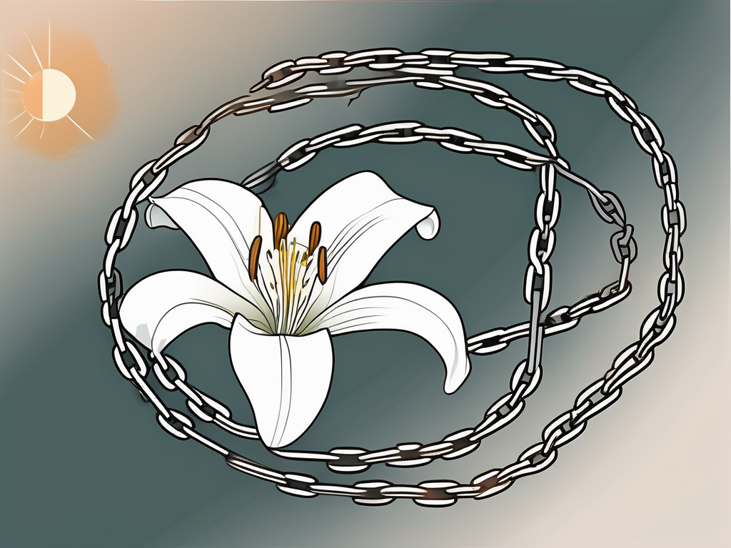 A broken chain with a single white lily flower growing through the broken link