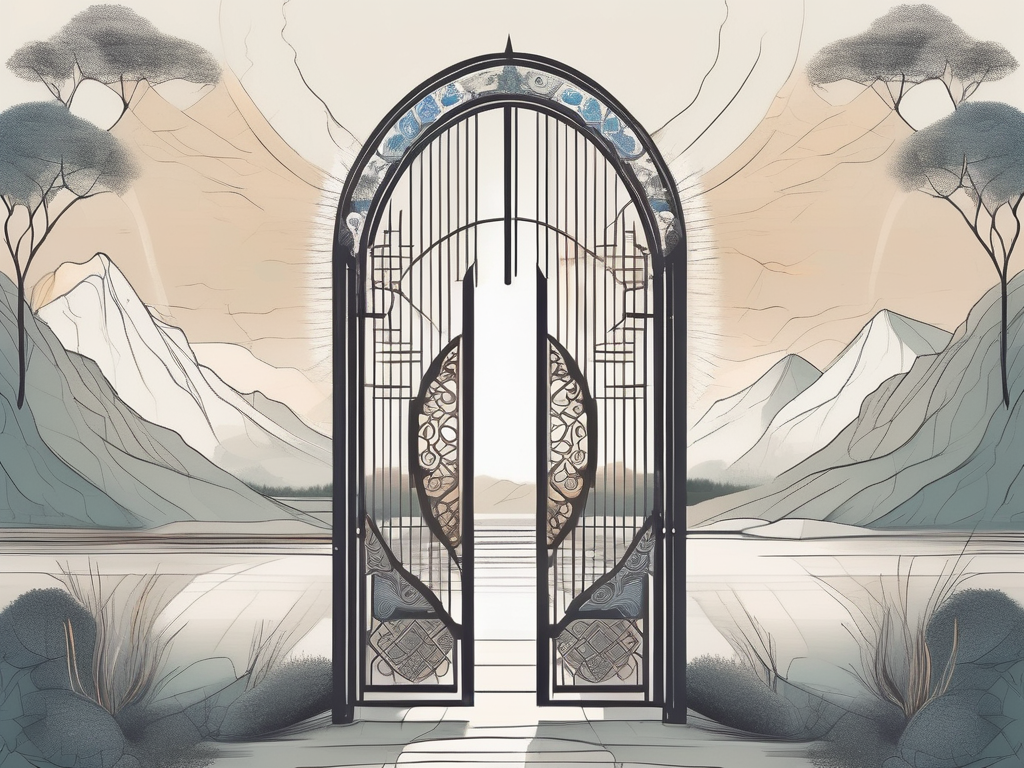 An ornate gate opening to a serene landscape