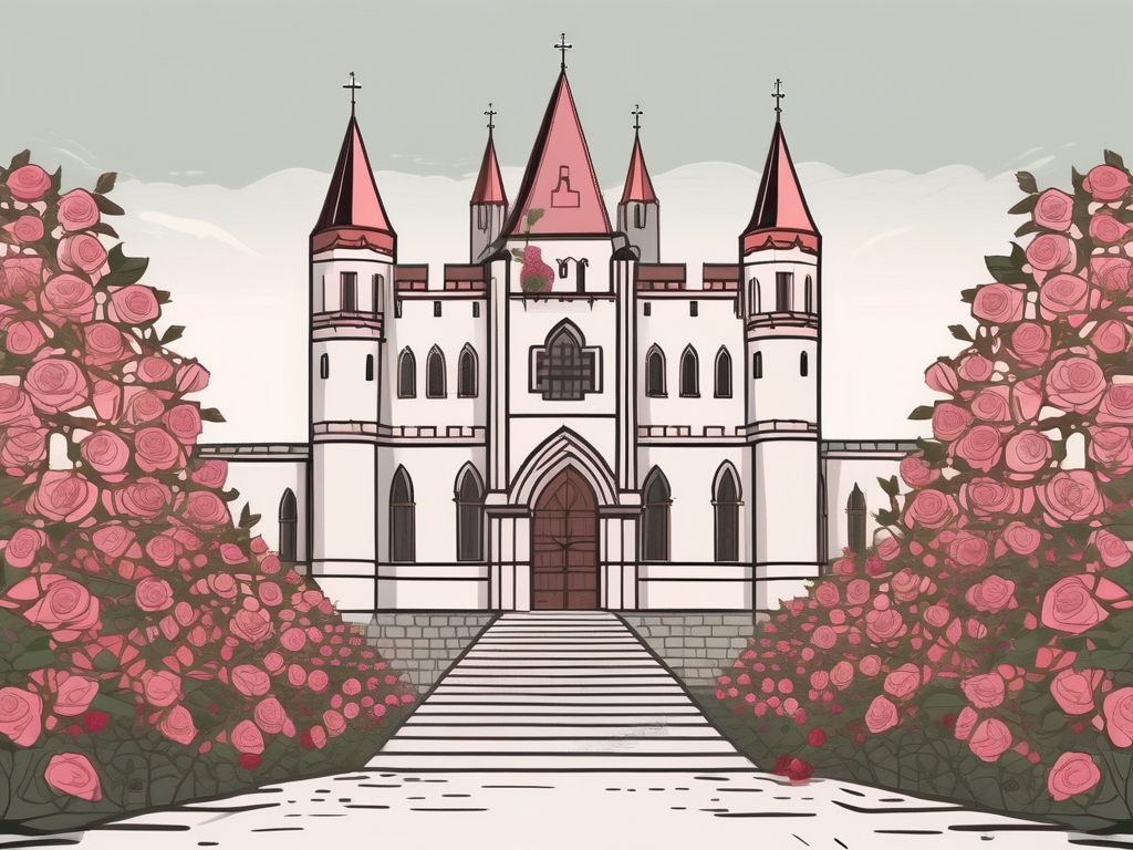 A medieval hungarian castle with a rose bush in the foreground