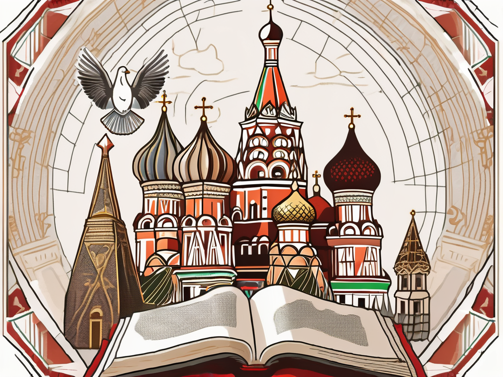 The saint basil's cathedral in moscow with symbolic elements around it such as a bishop's mitre and crosier