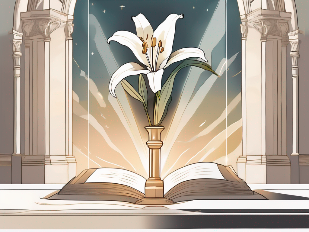 A symbolic scene featuring a lily (representing purity)