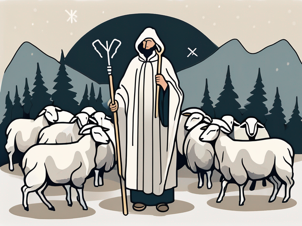 A pastoral scene featuring a woolen cloak draped over a shepherd's staff