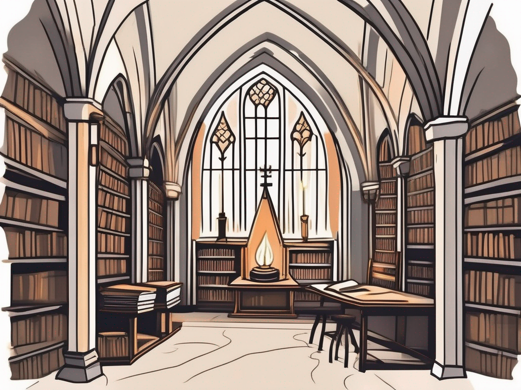 A medieval monastery with a candle-lit study room filled with ancient books and a quill pen