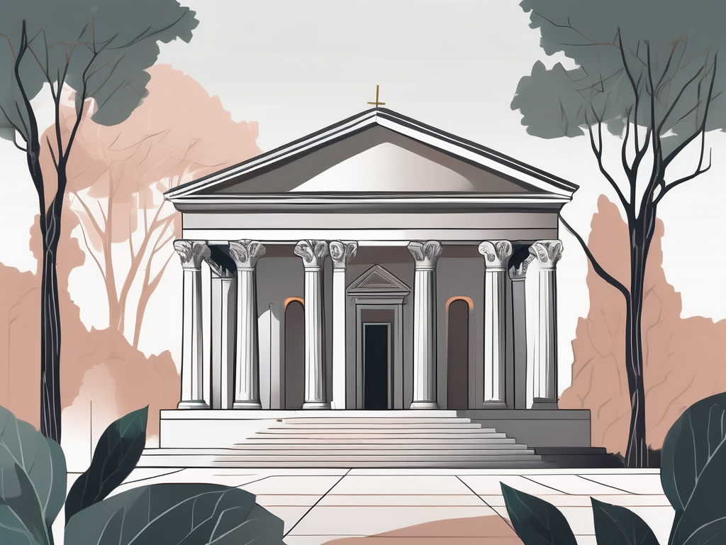 A serene roman temple with a blooming fig tree nearby