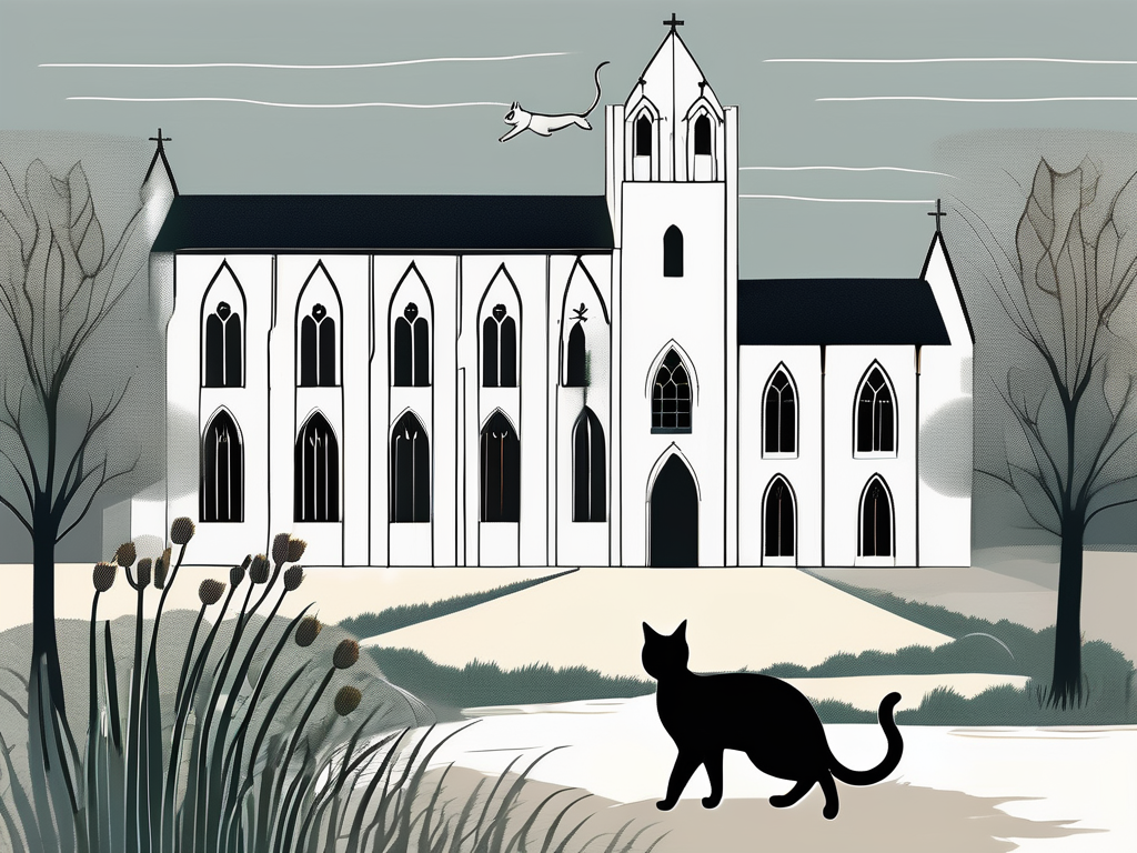 A serene medieval belgian monastery with a cat silhouette in the foreground
