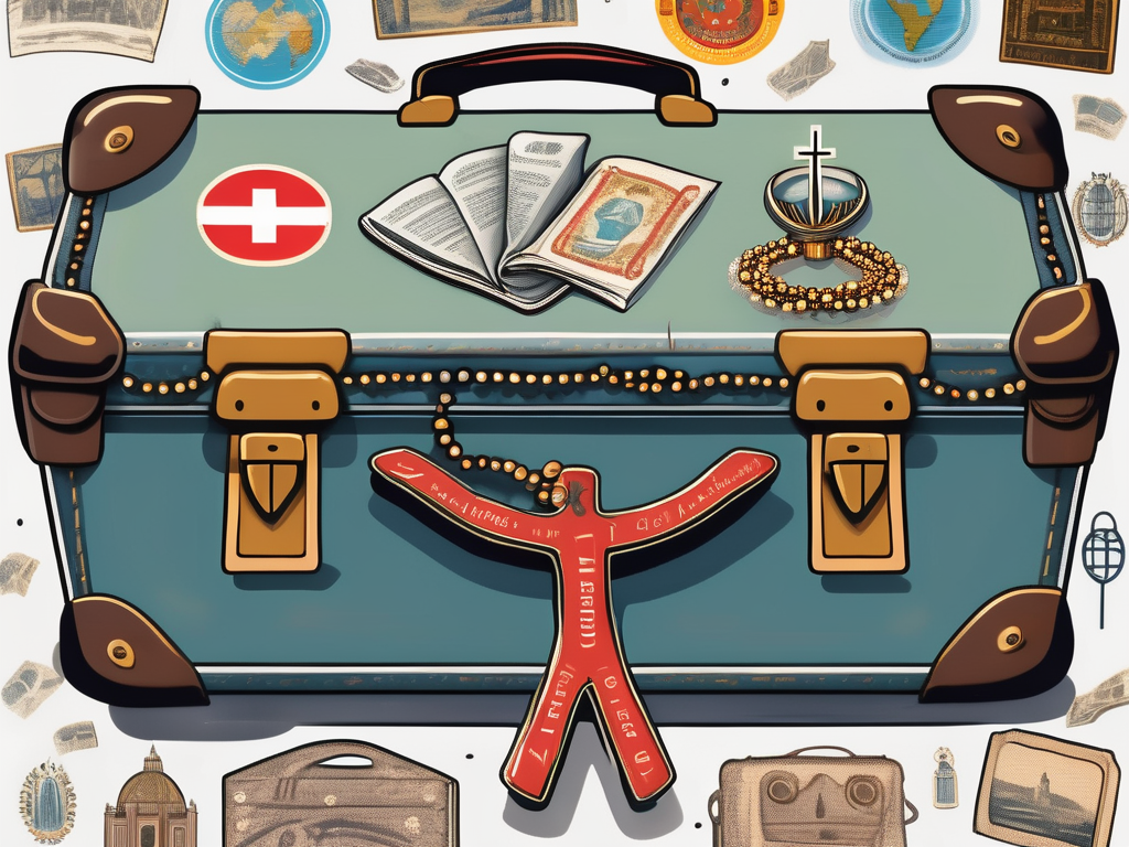 A vintage suitcase adorned with travel stickers from around the world