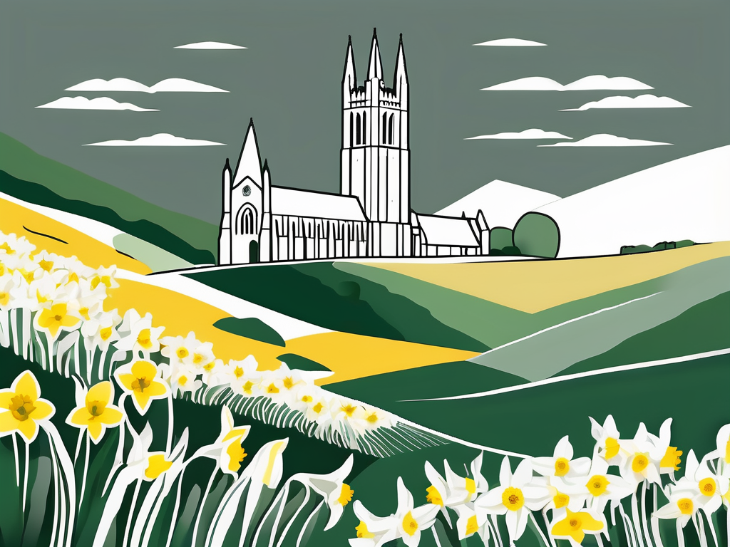 A traditional welsh landscape with a prominent cathedral and a daffodil
