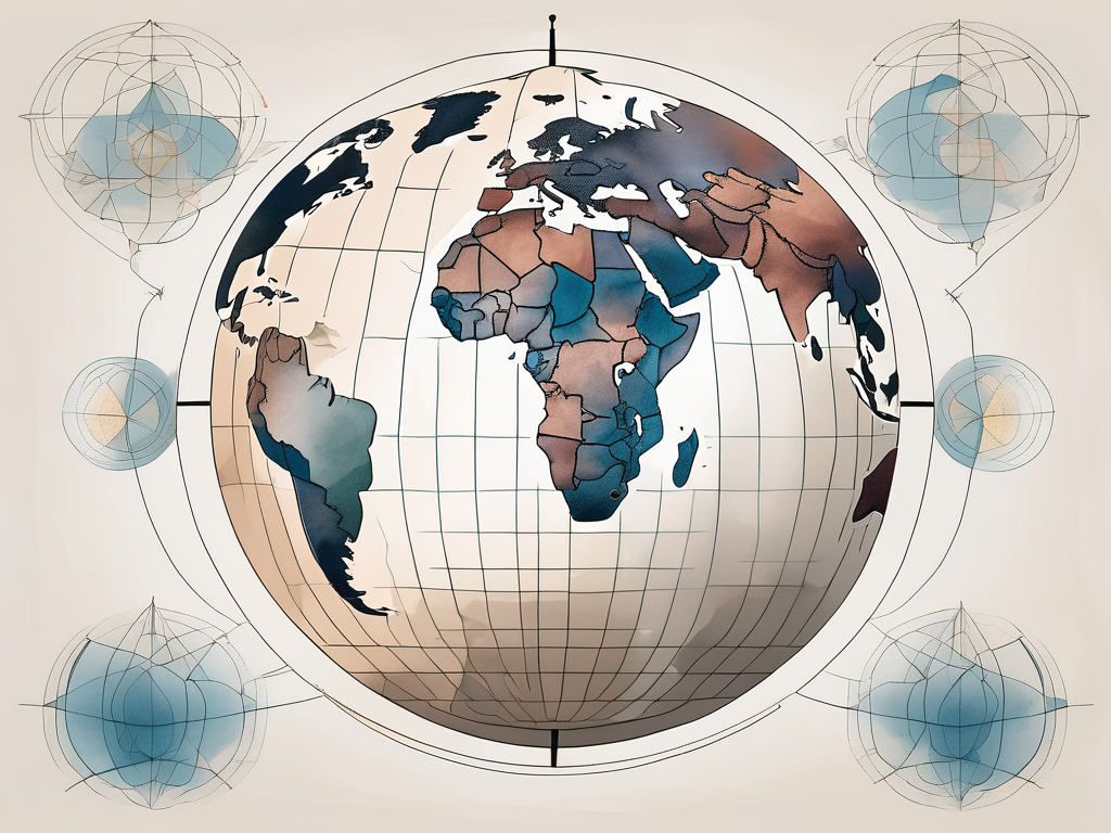 A globe with symbolic representations of the bahá'í temples in various continents