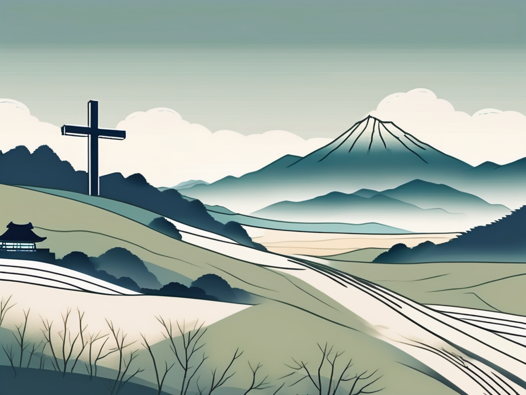 A traditional korean landscape with a cross symbolically placed in the foreground