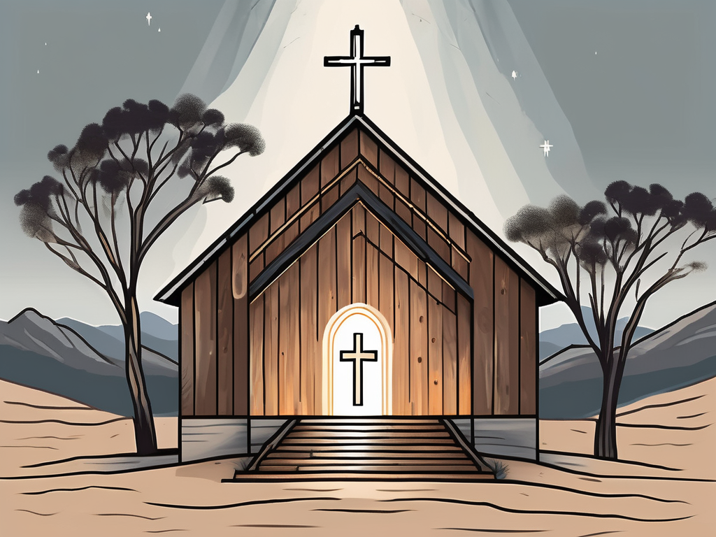 A symbolic beacon of light emanating from a rustic chapel surrounded by australian outback landscape