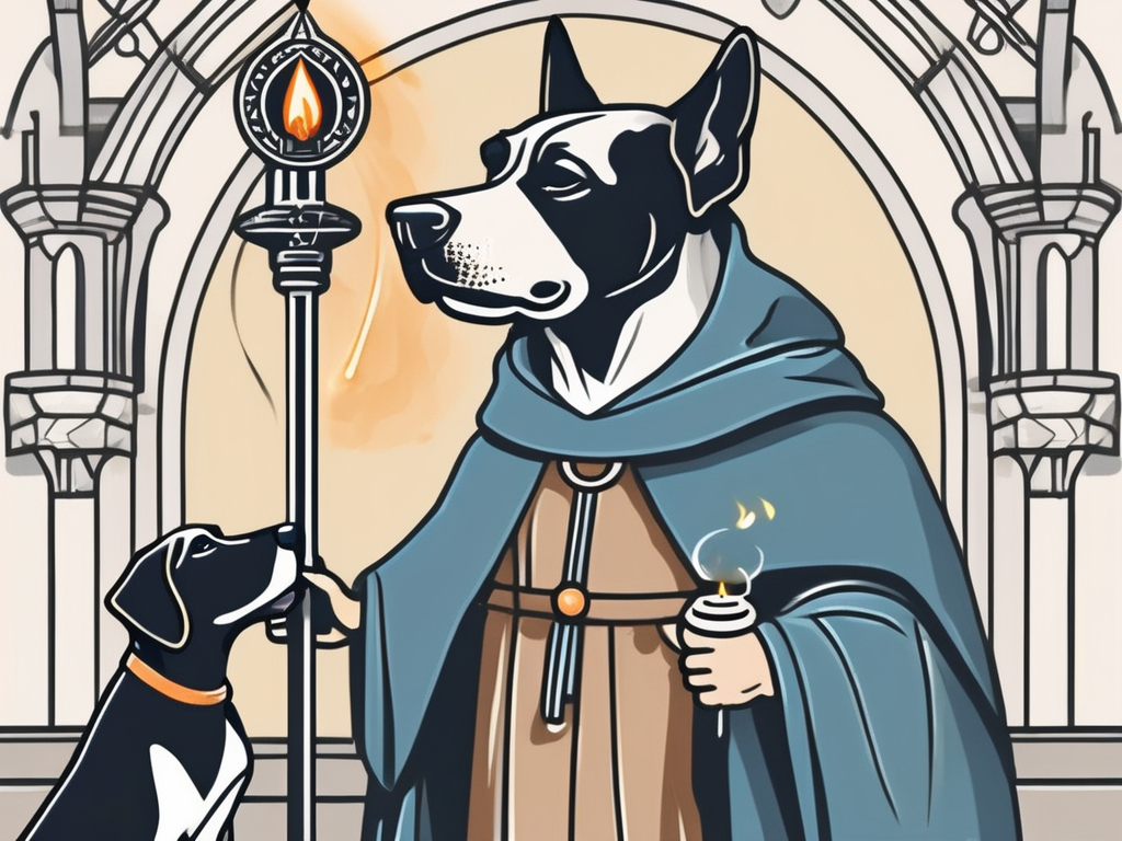 A medieval monastery with a rosary and a dog with a torch in its mouth