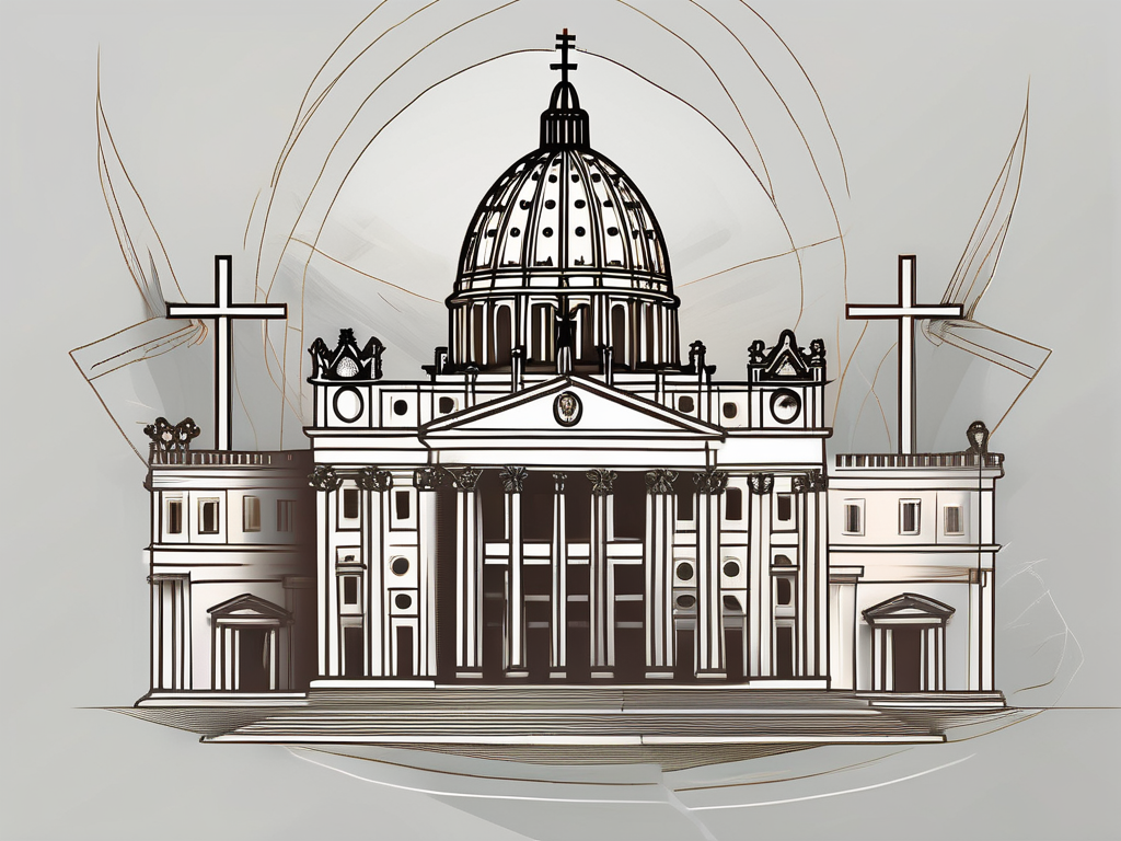 The vatican city with a prominent papal tiara and a symbol of the council of trent