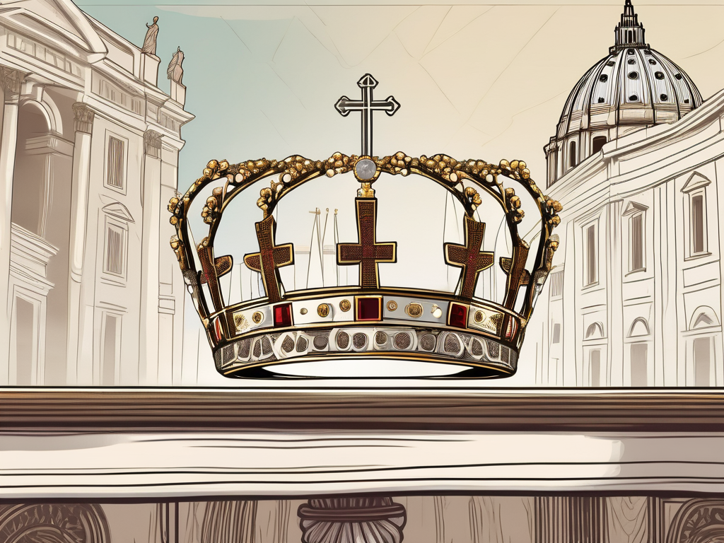 The papal tiara (the pope's crown) placed on a vintage table with a backdrop of st. peter's basilica in rome
