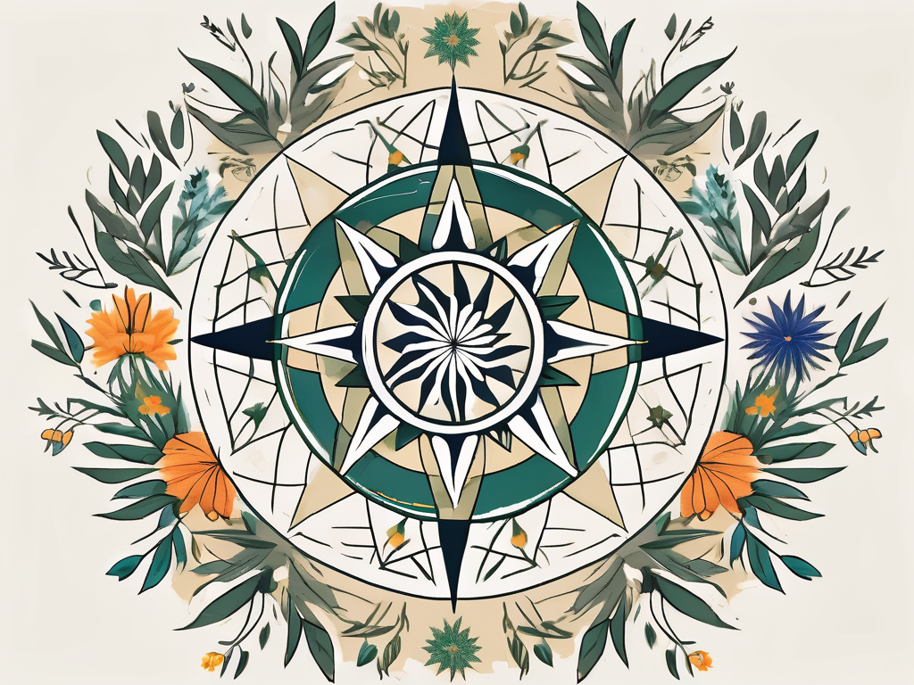 A nine-pointed star (symbol of bahai religion) surrounded by various elements representing unity