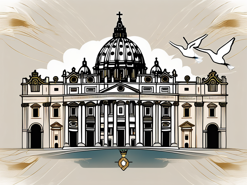 The vatican city with a prominent papal tiara and a symbolic dove flying above