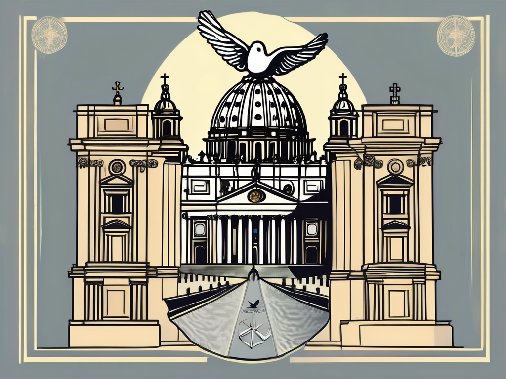 The vatican city with the papal tiara and a symbolic dove