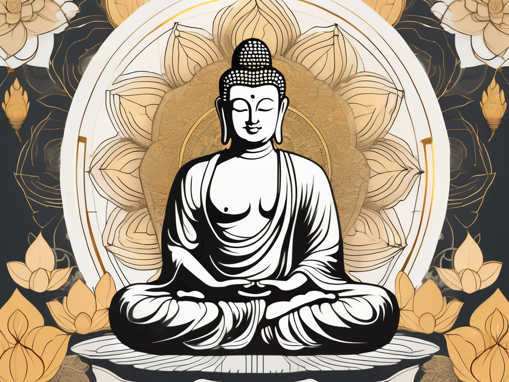 A serene buddha statue surrounded by various symbolic elements like a lotus flower
