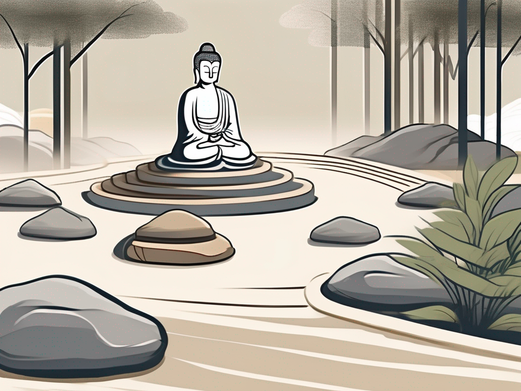 A serene zen garden with a buddha statue
