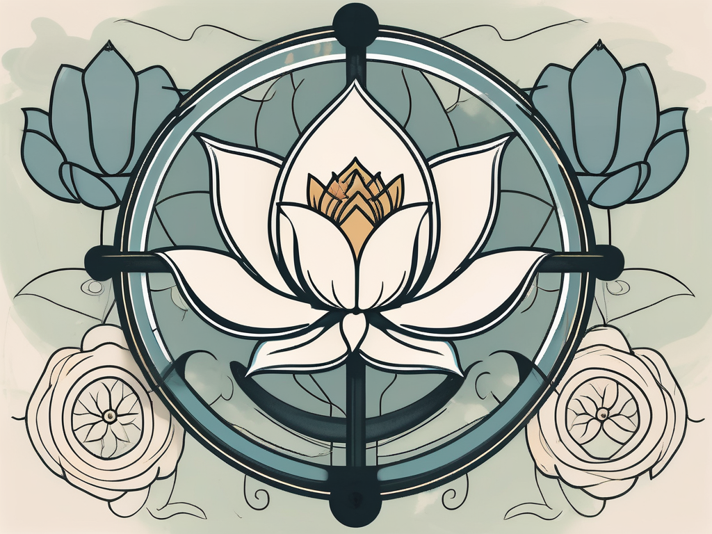 A balanced scale with a lotus flower on one side and a wheel of dharma on the other