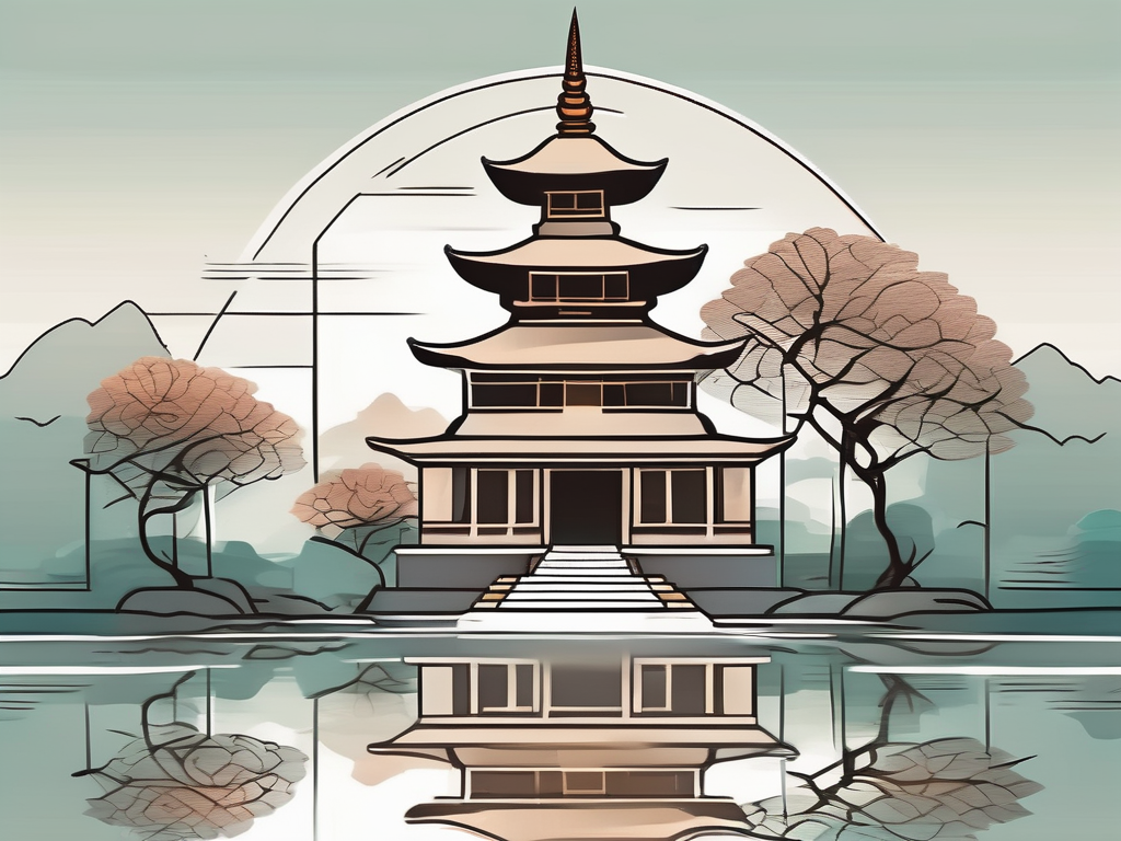 A tranquil landscape featuring a buddhist temple