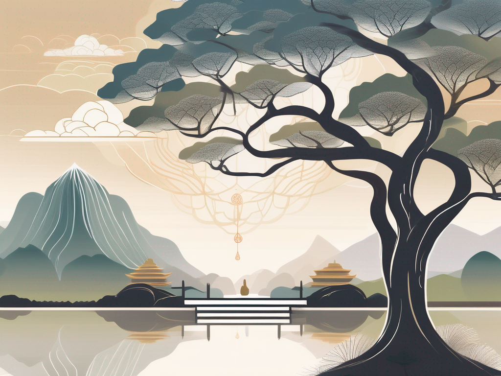 A serene landscape featuring a bodhi tree and a lotus flower