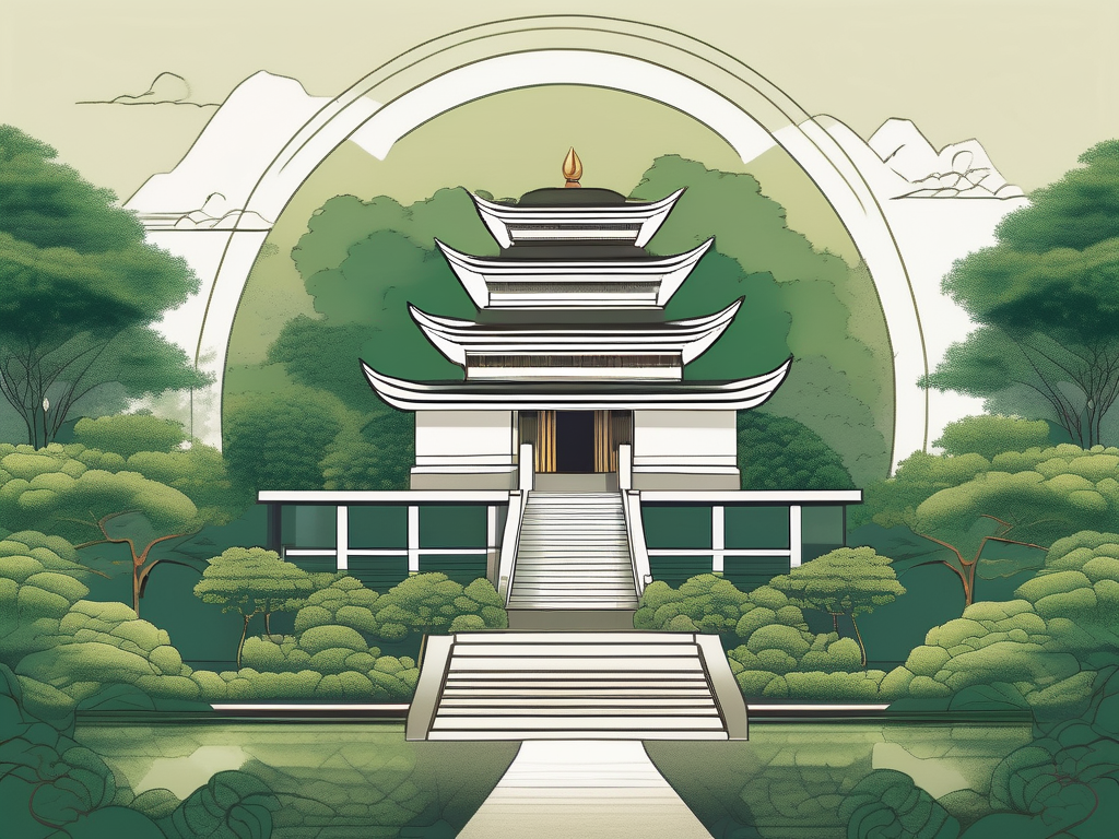 A serene buddhist temple surrounded by lush greenery