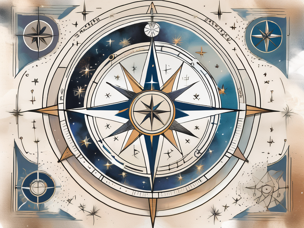 A celestial compass surrounded by symbols representing different faiths