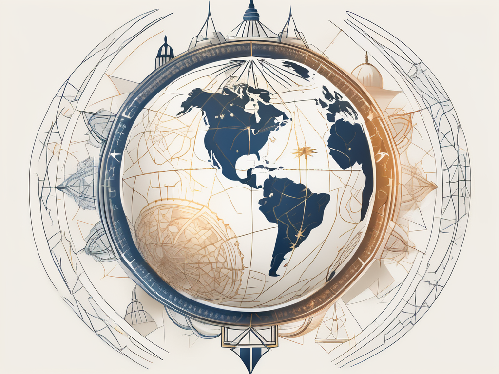 A globe with various symbols representing baha'i temples scattered across different continents