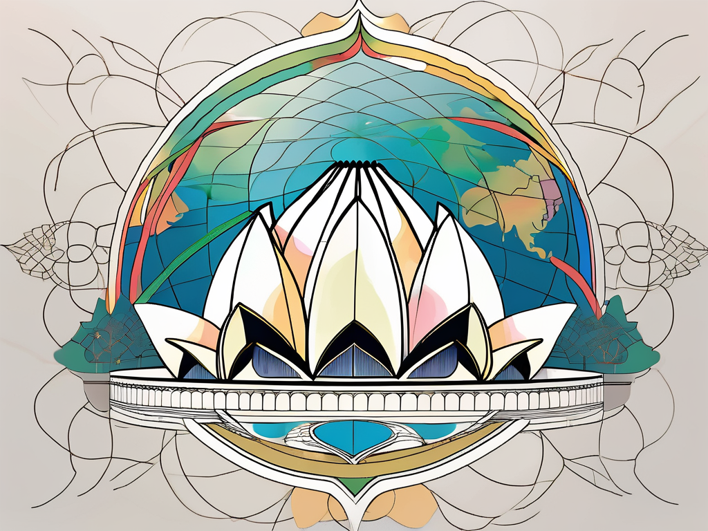 The bahá'í house of worship (also known as the lotus temple) surrounded by symbols representing unity