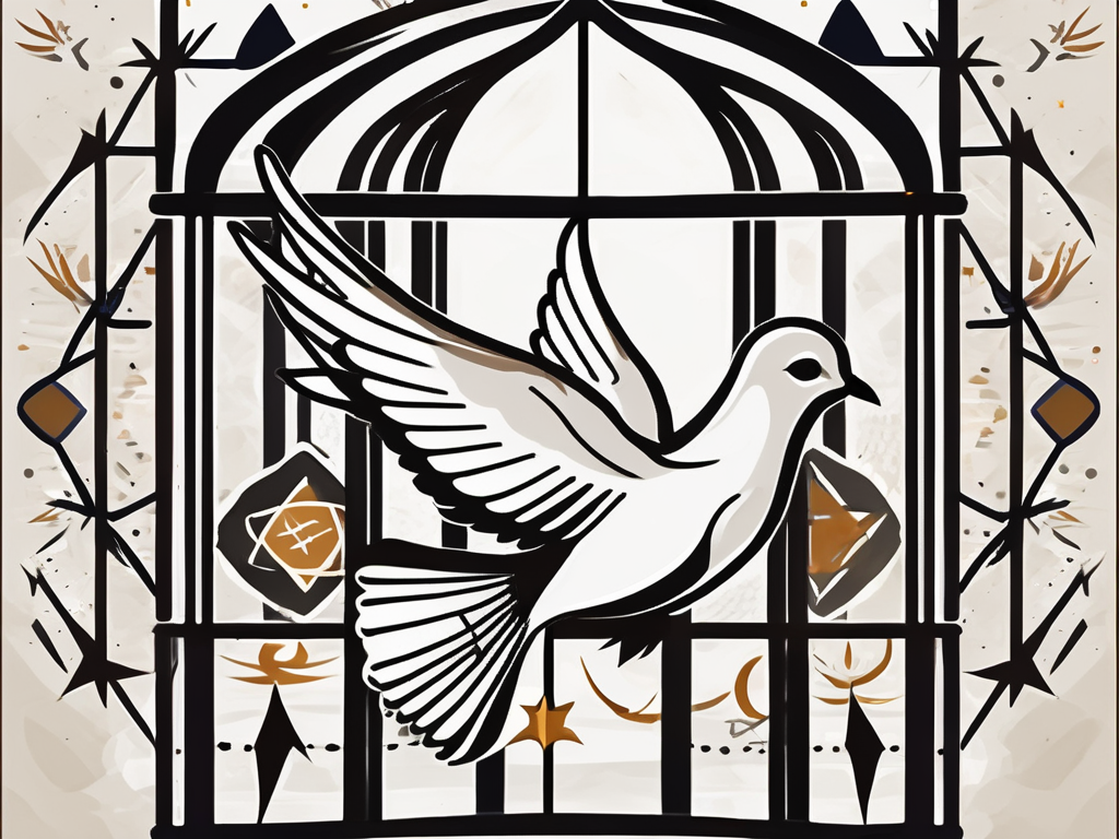 A dove breaking free from a cage