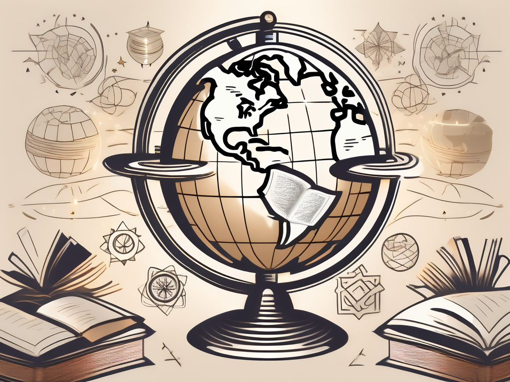 A globe surrounded by various symbols of education