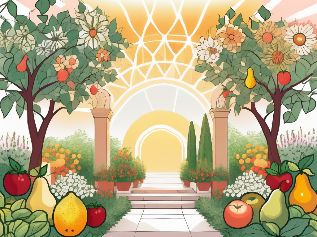 A radiant sun shining over a lush garden filled with various fruits and flowers