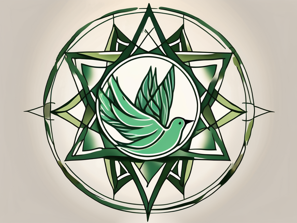A nine-pointed star (symbolic of bahai faith) intertwined with various symbols of social action such as a peace dove
