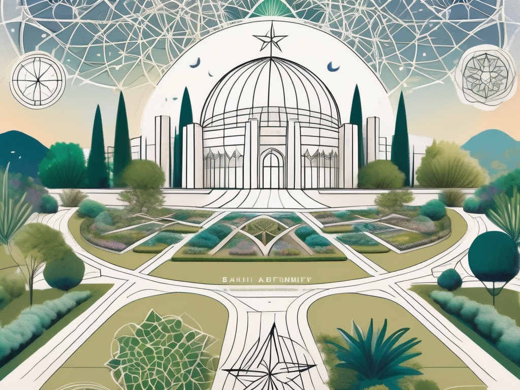 A diverse community landscape with various symbols of bahai faith such as a nine-pointed star