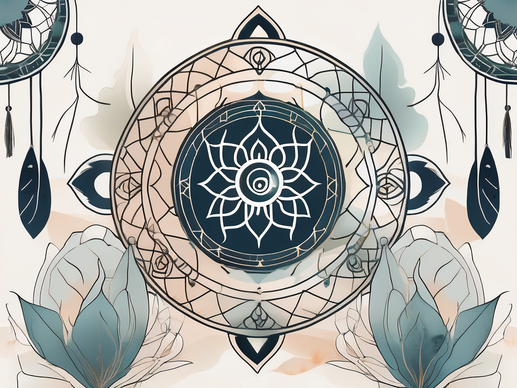 A serene landscape with different spiritual symbols like a lotus flower