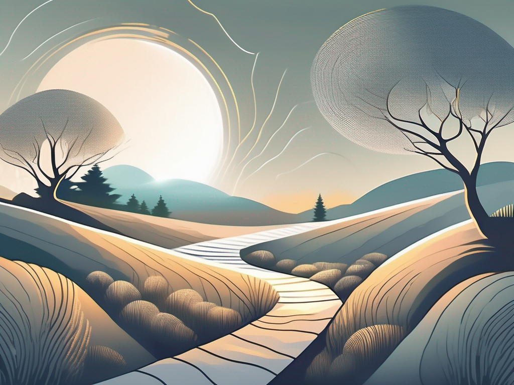 A serene landscape with a winding path leading towards a radiant