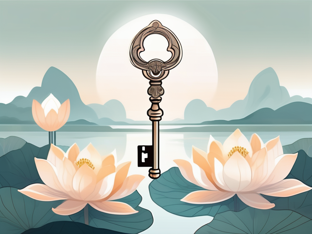 A serene landscape with a glowing key hovering above a lotus flower