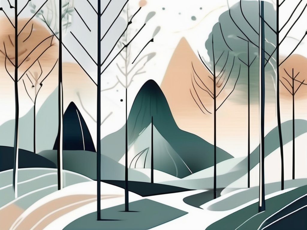 A serene landscape with a mix of nature and modern elements like abstract shapes and lines