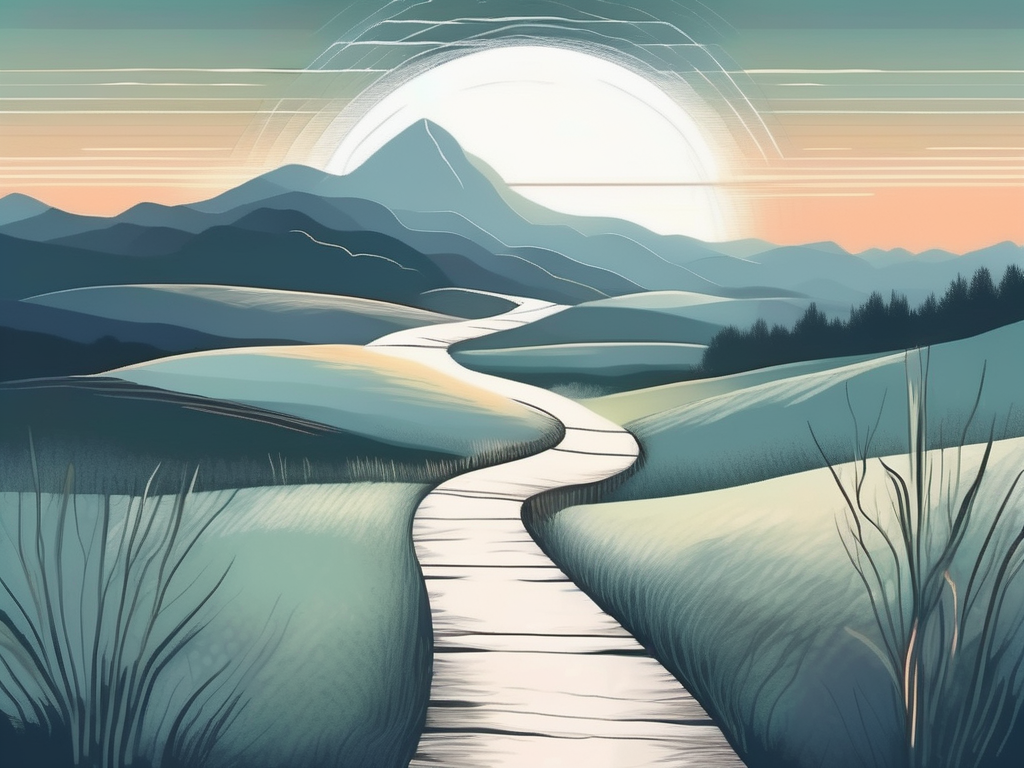 A serene landscape with a path leading to a bright