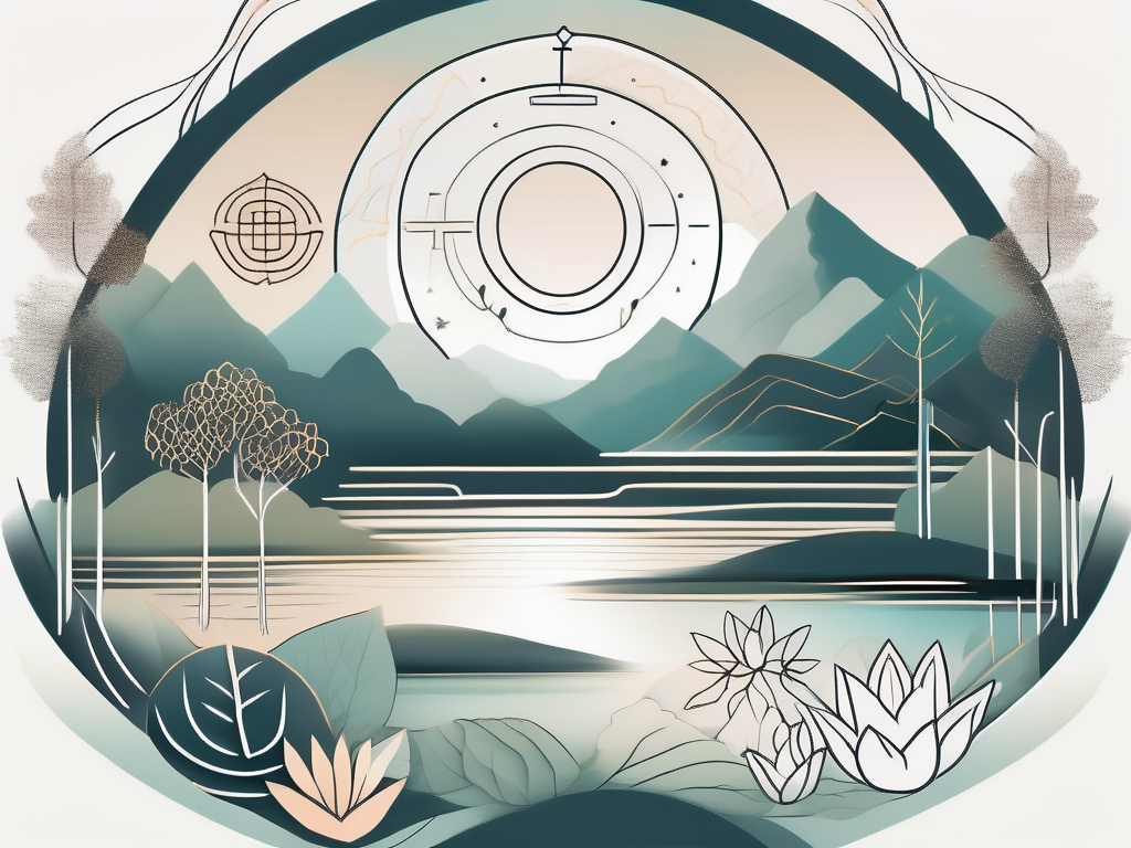 A serene landscape with various religious symbols subtly incorporated into the nature elements