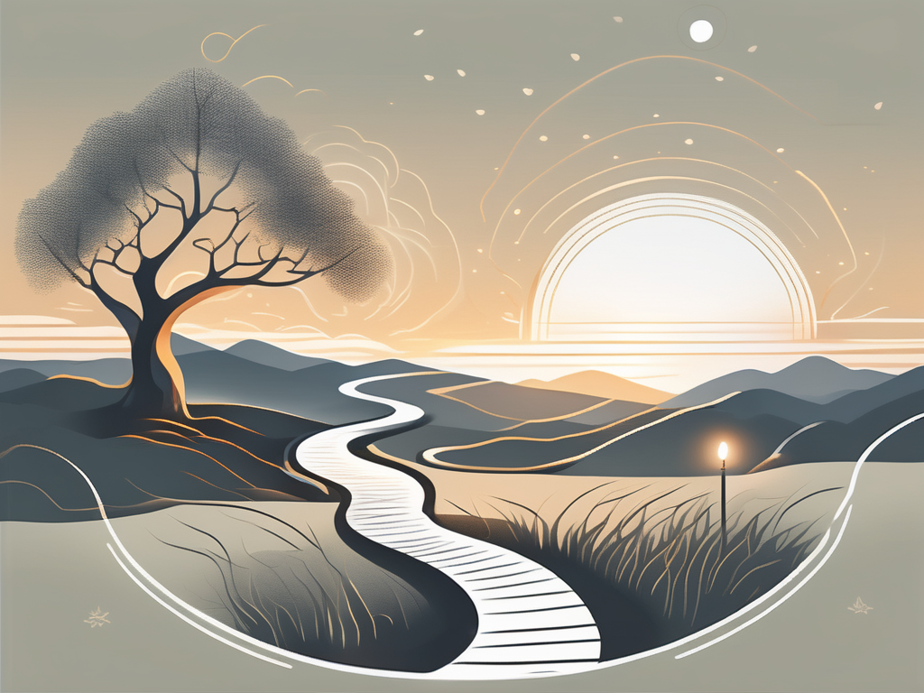 A serene landscape with a winding path leading to a bright