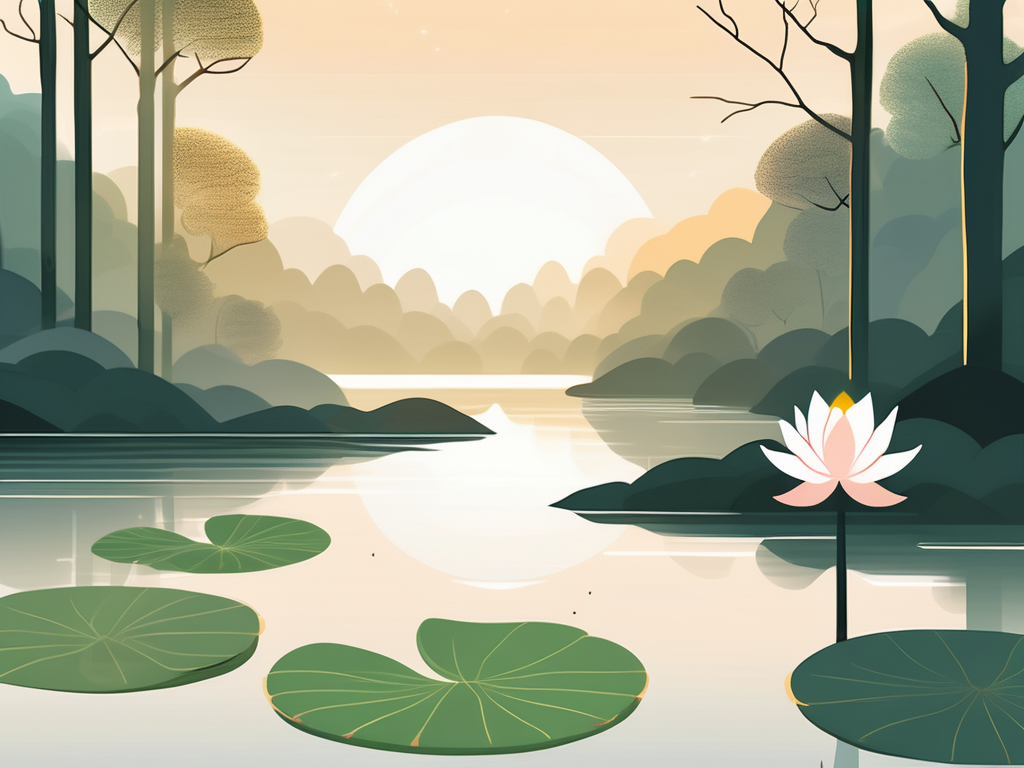 A serene landscape featuring a tranquil river flowing through a lush forest
