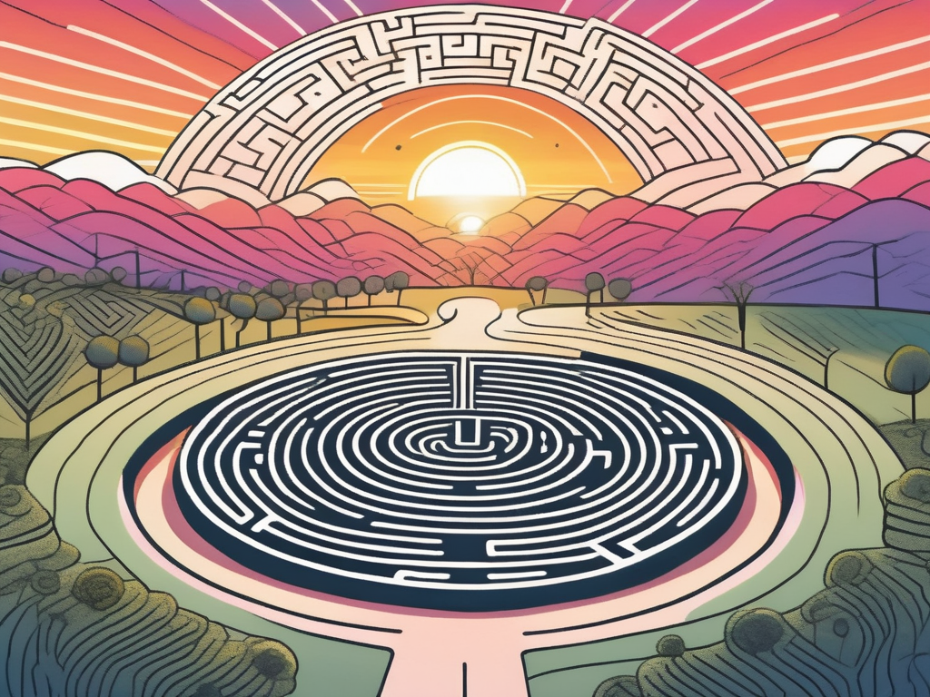 A serene landscape with a meditative labyrinth in the foreground