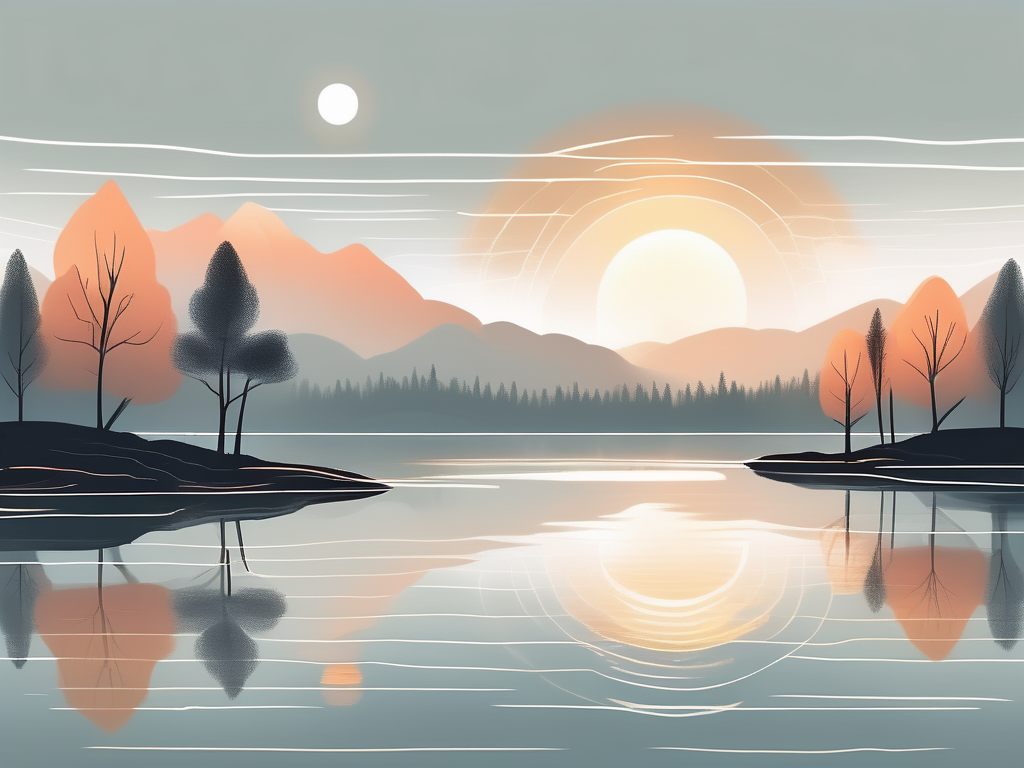 A serene landscape with a glowing sunrise over a peaceful lake
