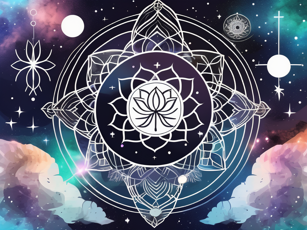 Various spiritual symbols like a lotus flower