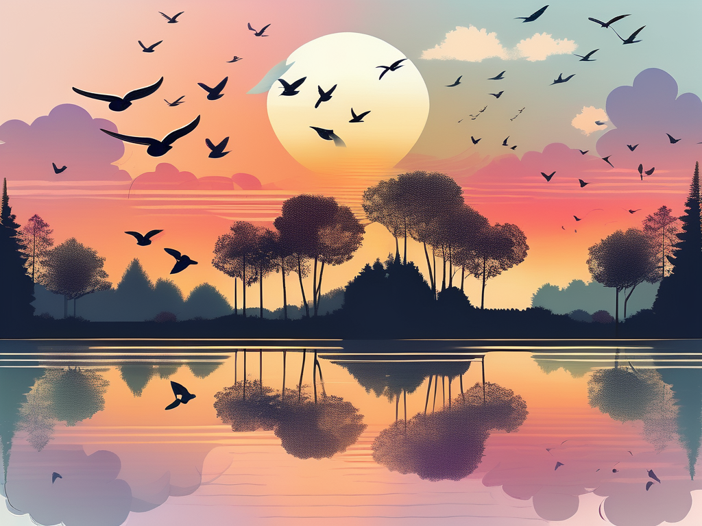 A serene landscape with a tranquil lake reflecting a vibrant sunset