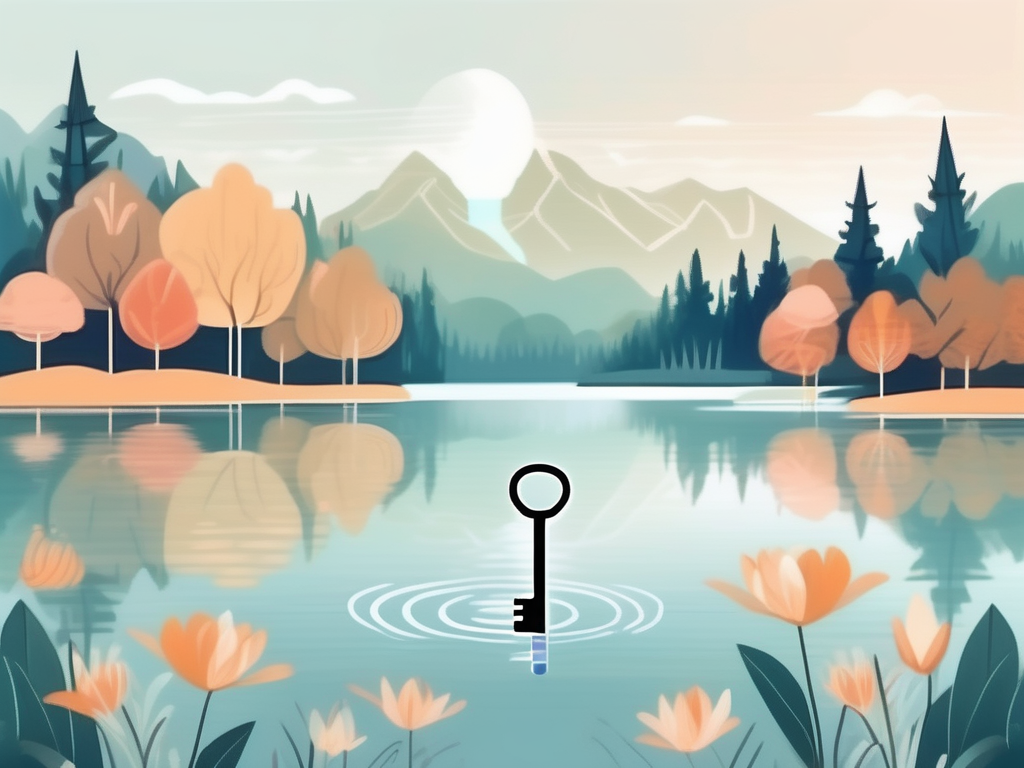 A serene landscape with a key floating above a tranquil lake