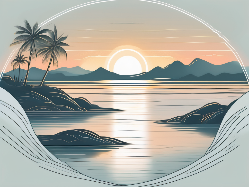 A serene landscape with a glowing sun rising above a tranquil sea