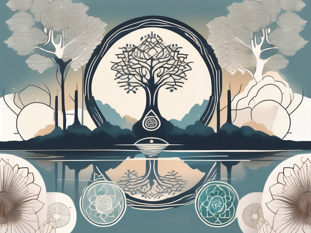 A serene landscape with various spiritual symbols like a lotus flower