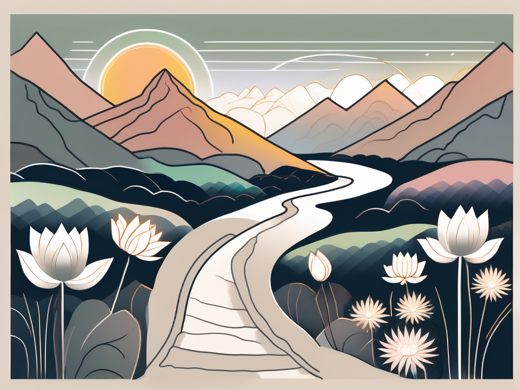A serene landscape with a winding path leading up to a mountaintop